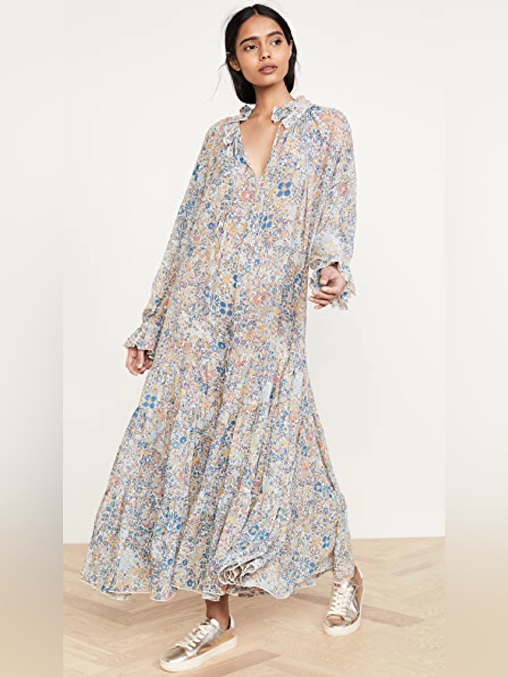 Free People Feeling Groovy Floral Ruffled Maxi Dress Soft Blue, Cream Size L
